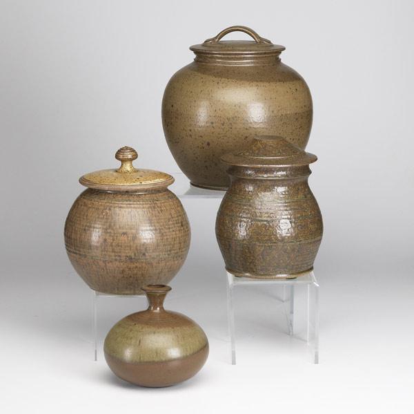 Appraisal: VAL CUSHING Four stoneware pieces three covered jars and a