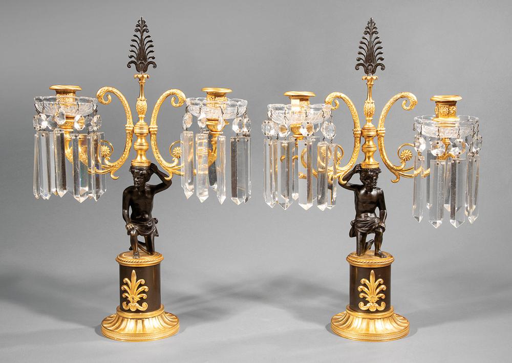 Appraisal: Pair of Neoclassical-Style Gilt and Patinated Bronze Two-Light Candelabra each