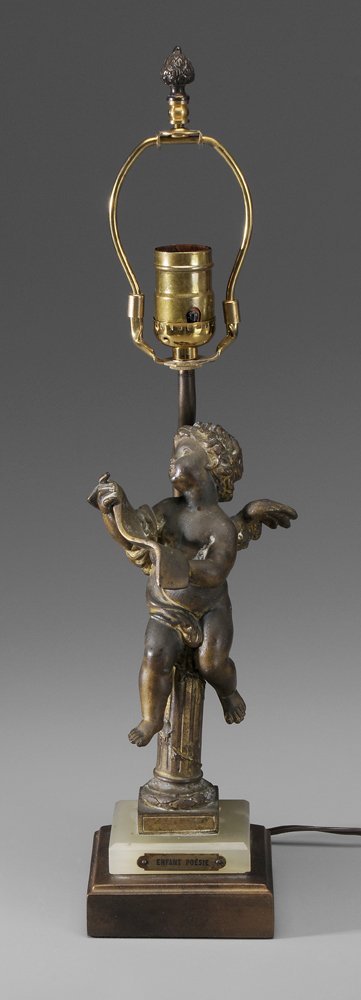 Appraisal: Spelterware Cupid Lamp French th century cupid holding a scroll