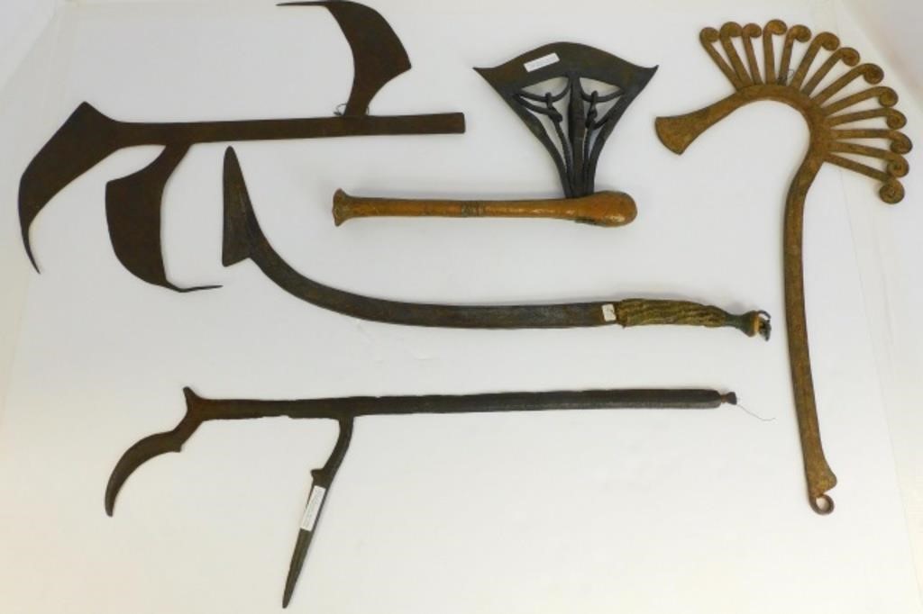 Appraisal: FIVE TH C AFRICAN WEAPONS TO INCLUDE WROUGHTiron and copper