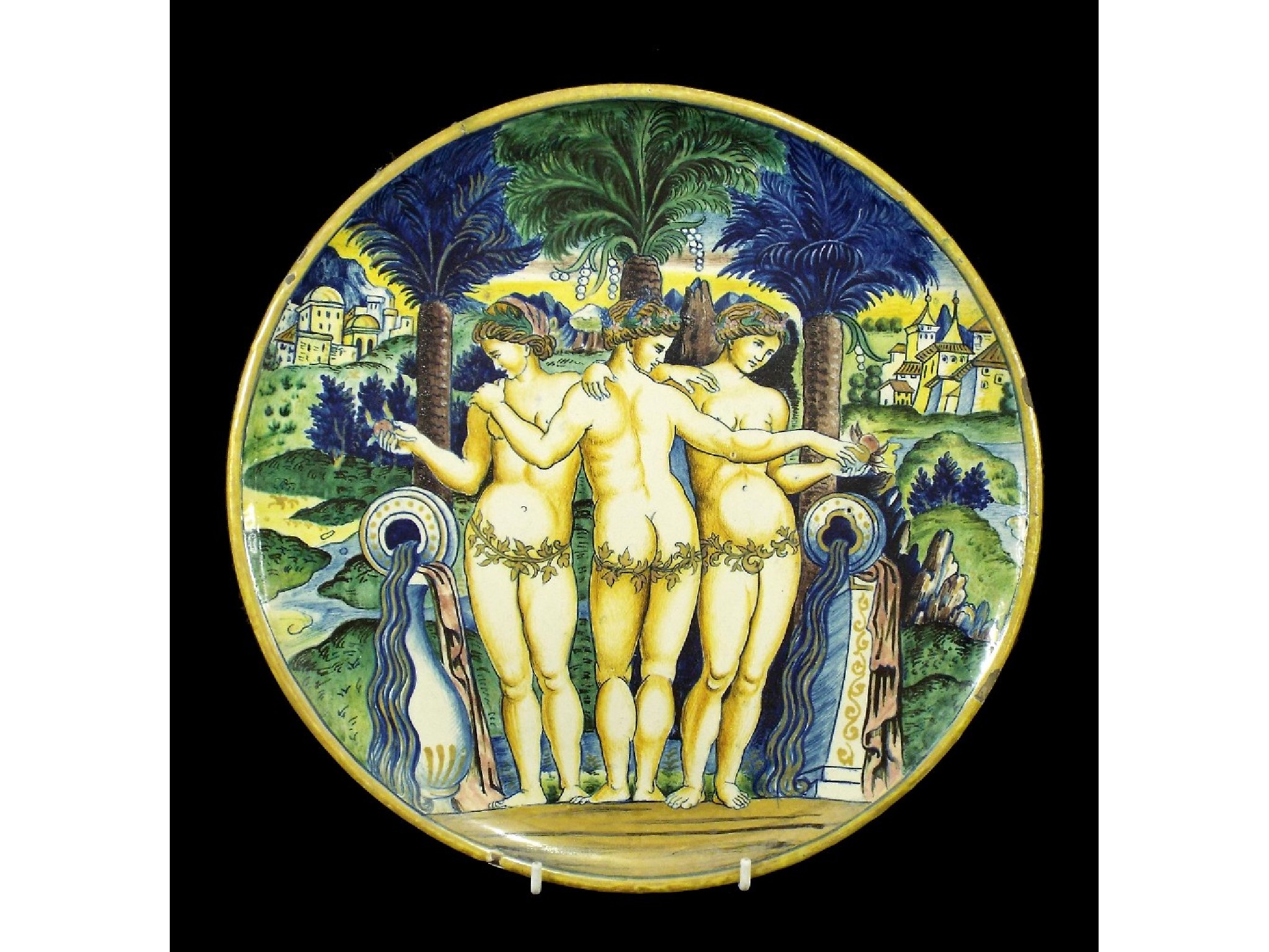 Appraisal: Majolica pedestal dish painted with The Three Graces in a