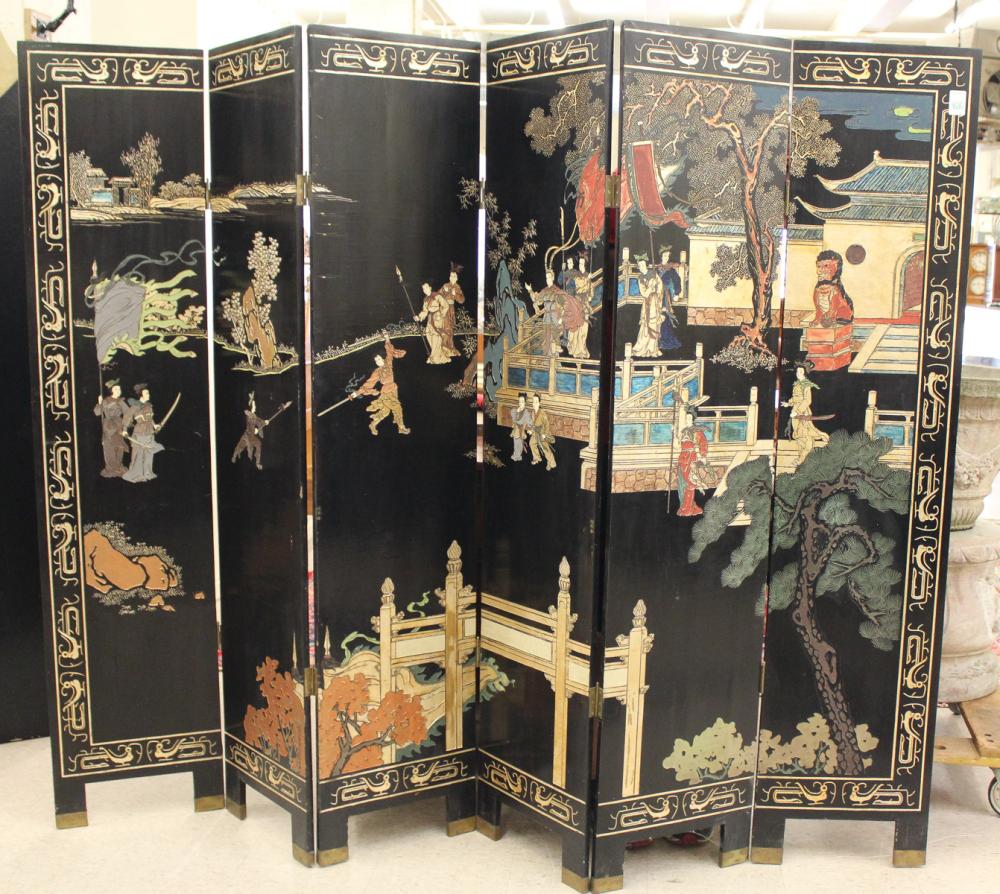 Appraisal: CHINESE SIX-PANEL COROMANDEL FLOOR SCREEN one side featuring a painted