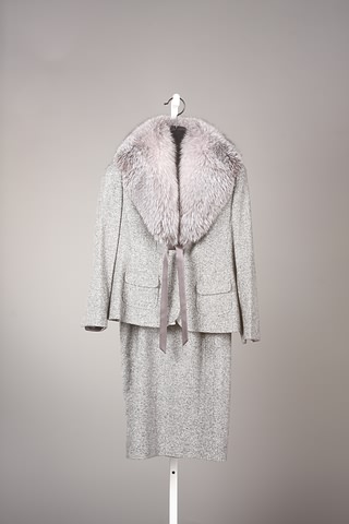 Appraisal: Escada gray tweed skirt suit with fur collar Size Price