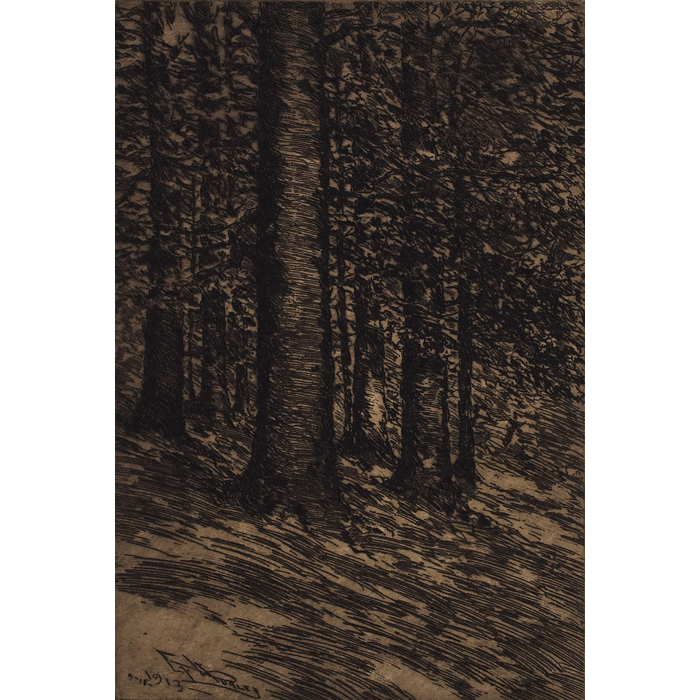 Appraisal: E T Hurley etching large shaded trees on hillside x