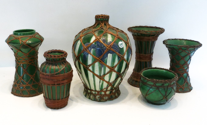 Appraisal: SIX JAPANESE AWAJI STYLE POTTERY VASES with basket weave overlay