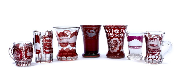 Appraisal: Three Bohemian glass tankards th centuryeach ruby flashed and engraved