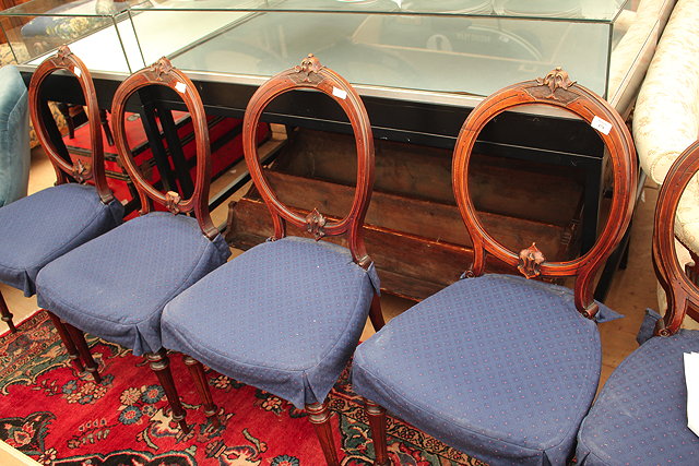 Appraisal: FIVE VICTORIAN HOOP BACK MAHOGANY DINING CHAIRS with overstuffed upholstered