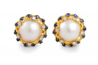 Appraisal: Mabe Pearl Sapphire and Diamond Earrings Mabe pearl sapphire and