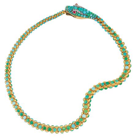 Appraisal: Antique Gold Turquoise Diamond and Garnet Snake Necklace Estimate -