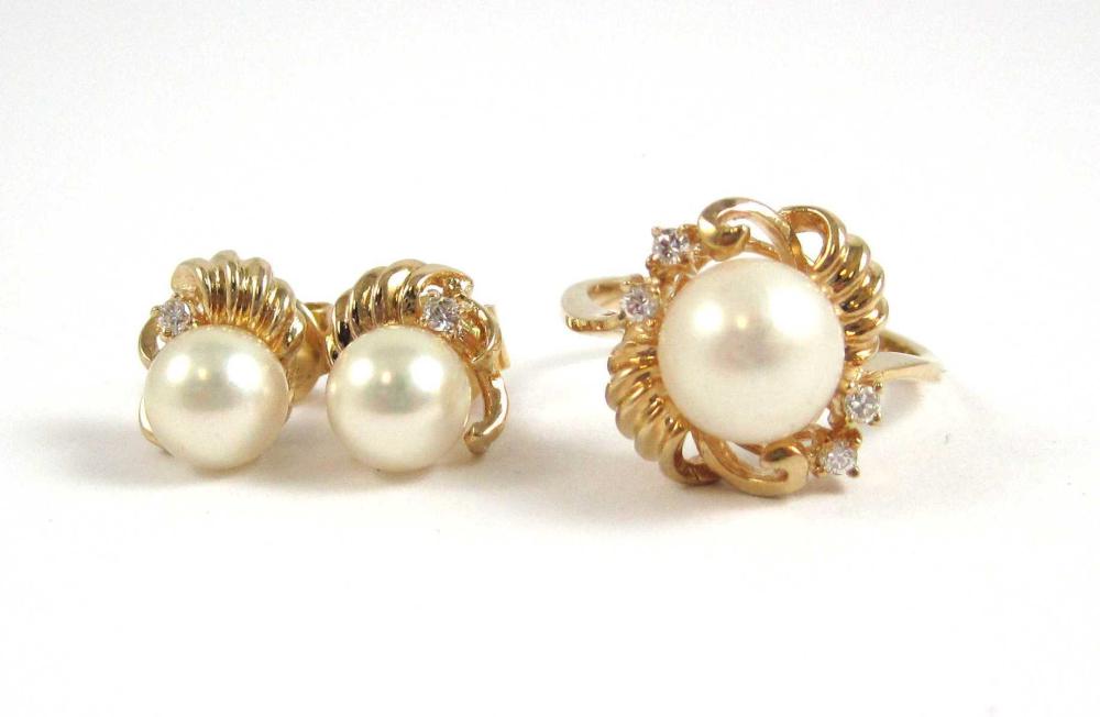 Appraisal: PEARL AND DIAMOND RING AND EARRINGS SET including a k