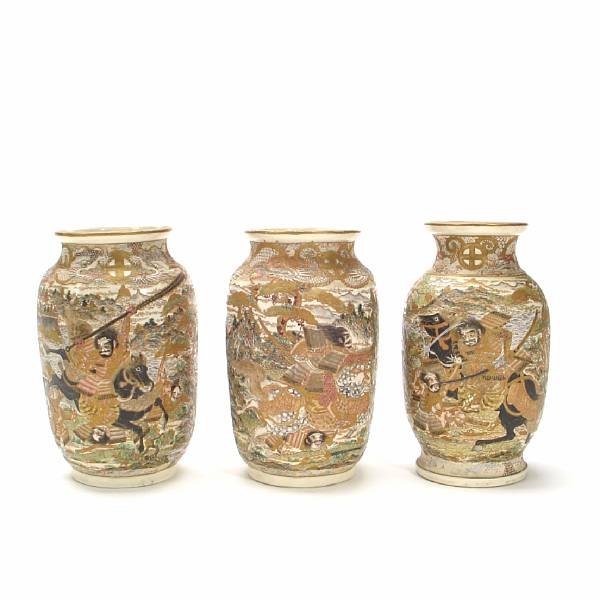 Appraisal: A group of three Satsuma pottery vases height in width