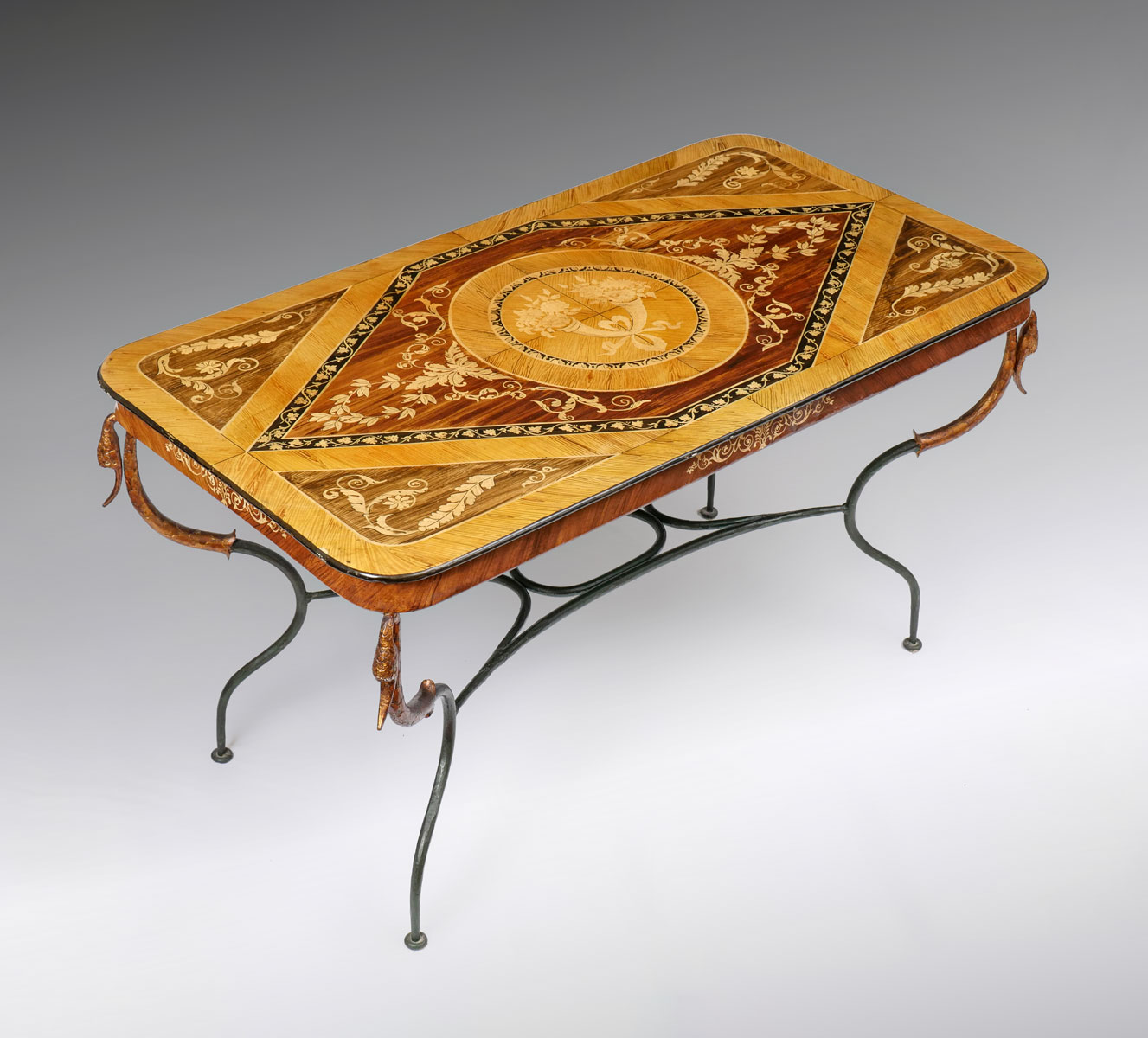 Appraisal: FAUX MARQUETRY PAINTED METAL TABLE Faux marquetry painted metal table