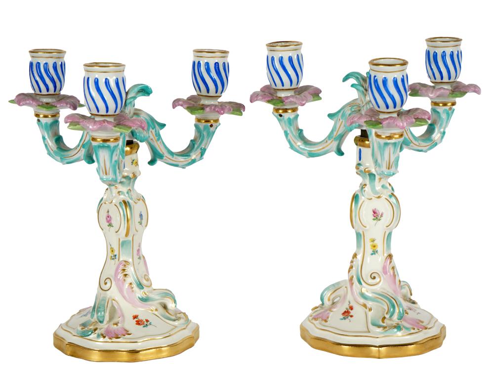 Appraisal: PAIR OF MEISSEN PORCELAIN CANDELABRAeach with underglaze blue crossed swords