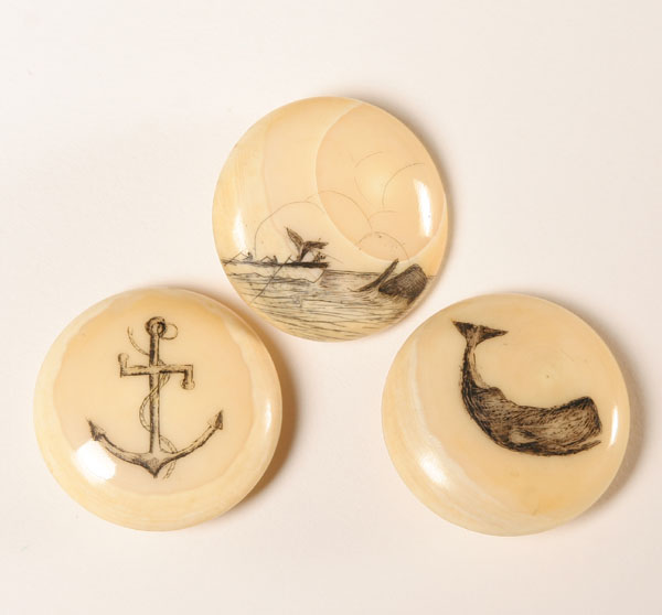 Appraisal: Three scrimshaw decorated buttons Diam