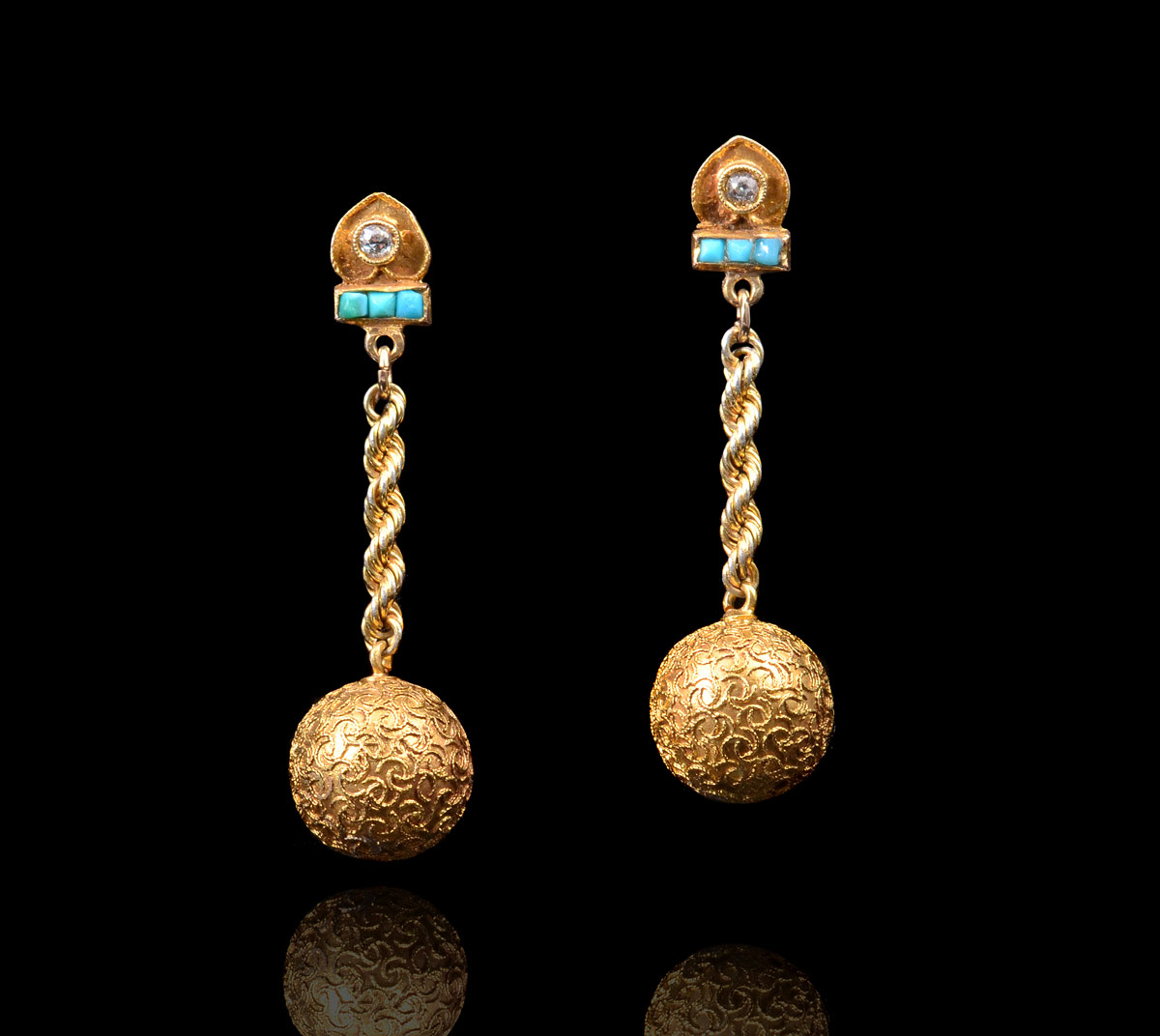 Appraisal: K ART DECO ETRUSCAN REVIVAL DROP EARRINGS Yellow gold with