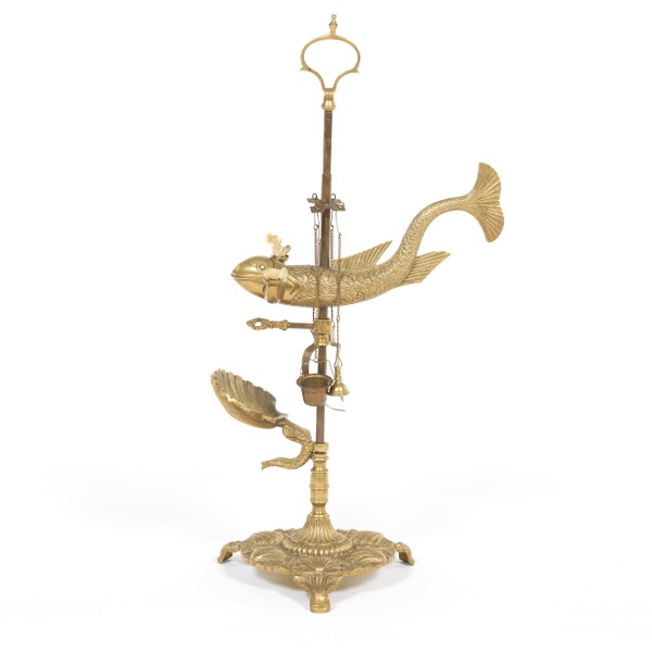 Appraisal: BRASS FISH FORM OIL LAMP Brass oil lamp with fish