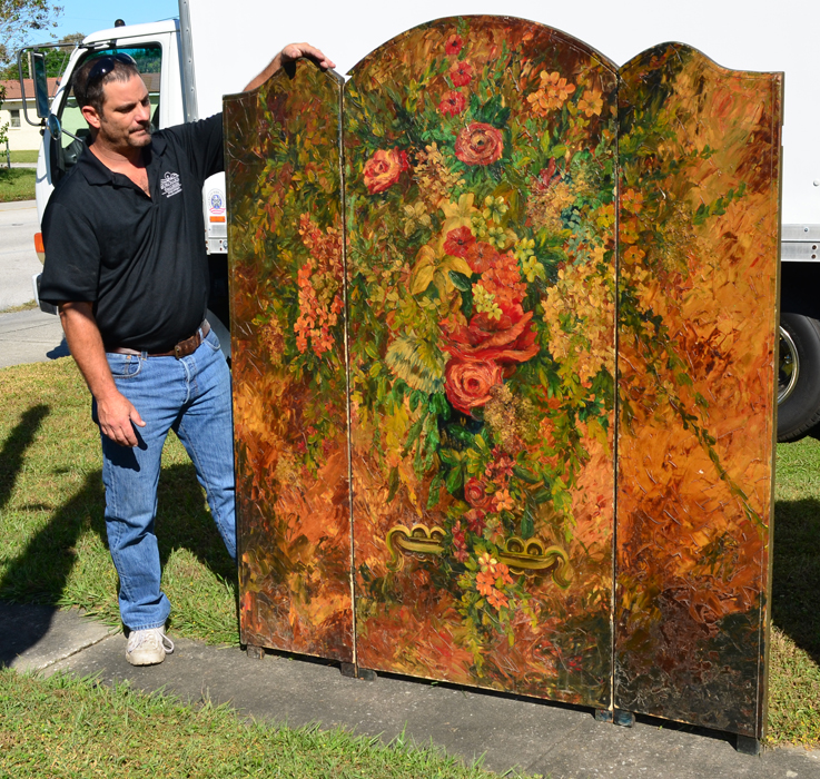 Appraisal: PANEL PAINTED FLOOR SCREEN Robust floral motif with heavy impasto