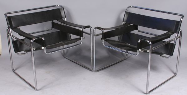 Appraisal: Pair of mid-century Barcelona-style chrome and leather arm chairs h