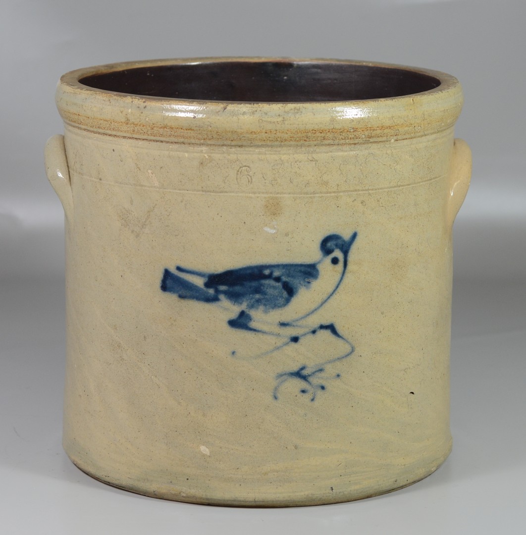 Appraisal: Gallon blue bird decorated stoneware crock rim chips small hairlines