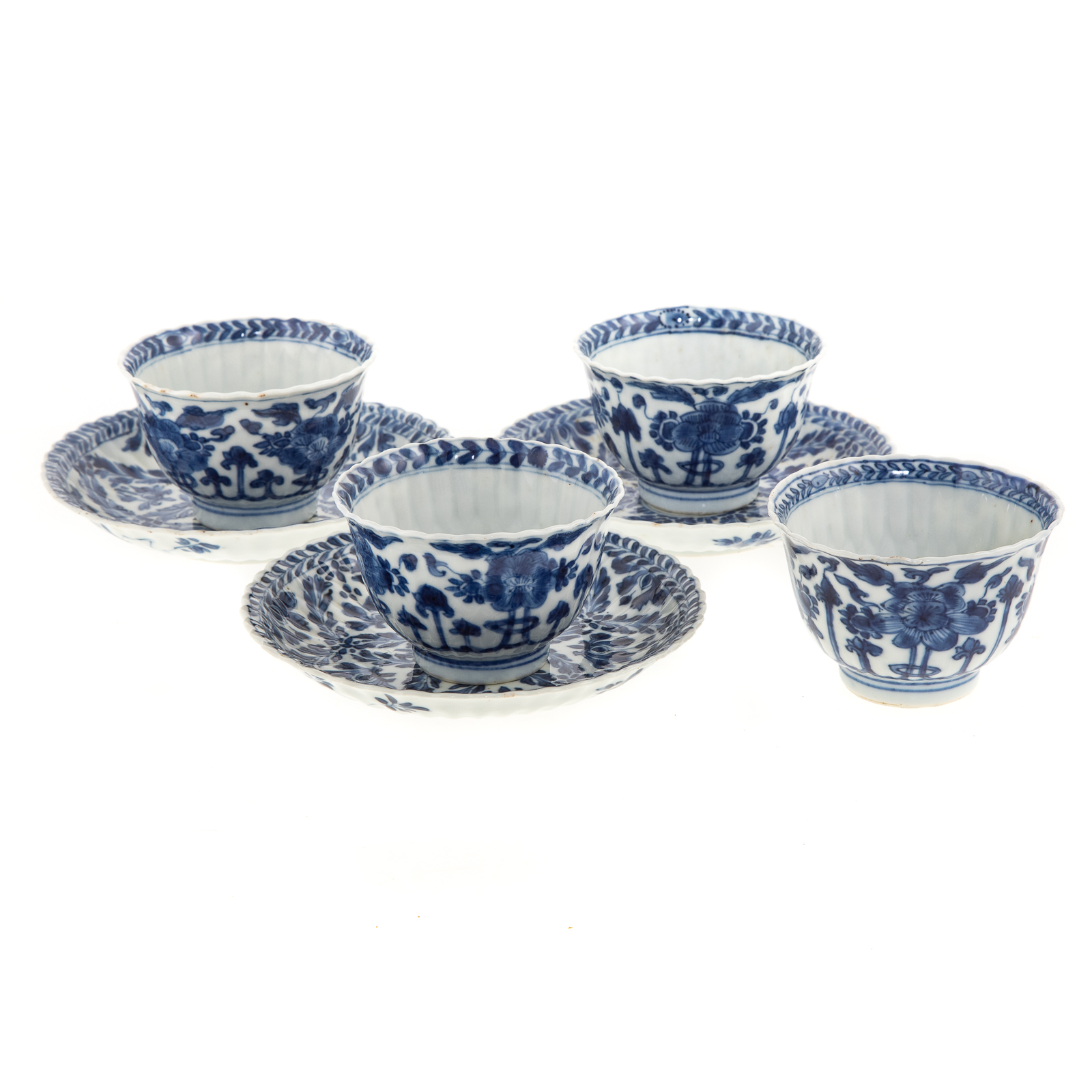 Appraisal: CHINESE EXPORT BLUE WHITE CUPS SAUCERS Kang Xi circa -