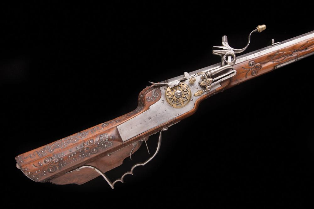 Appraisal: German -Bore Wheel-Lock Sporting Rifle by Hans Heller heavy swamped