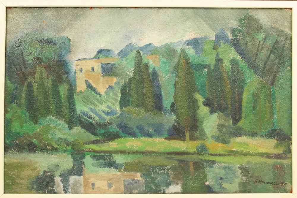 Appraisal: OOB - French landscape with building reflected in lake by