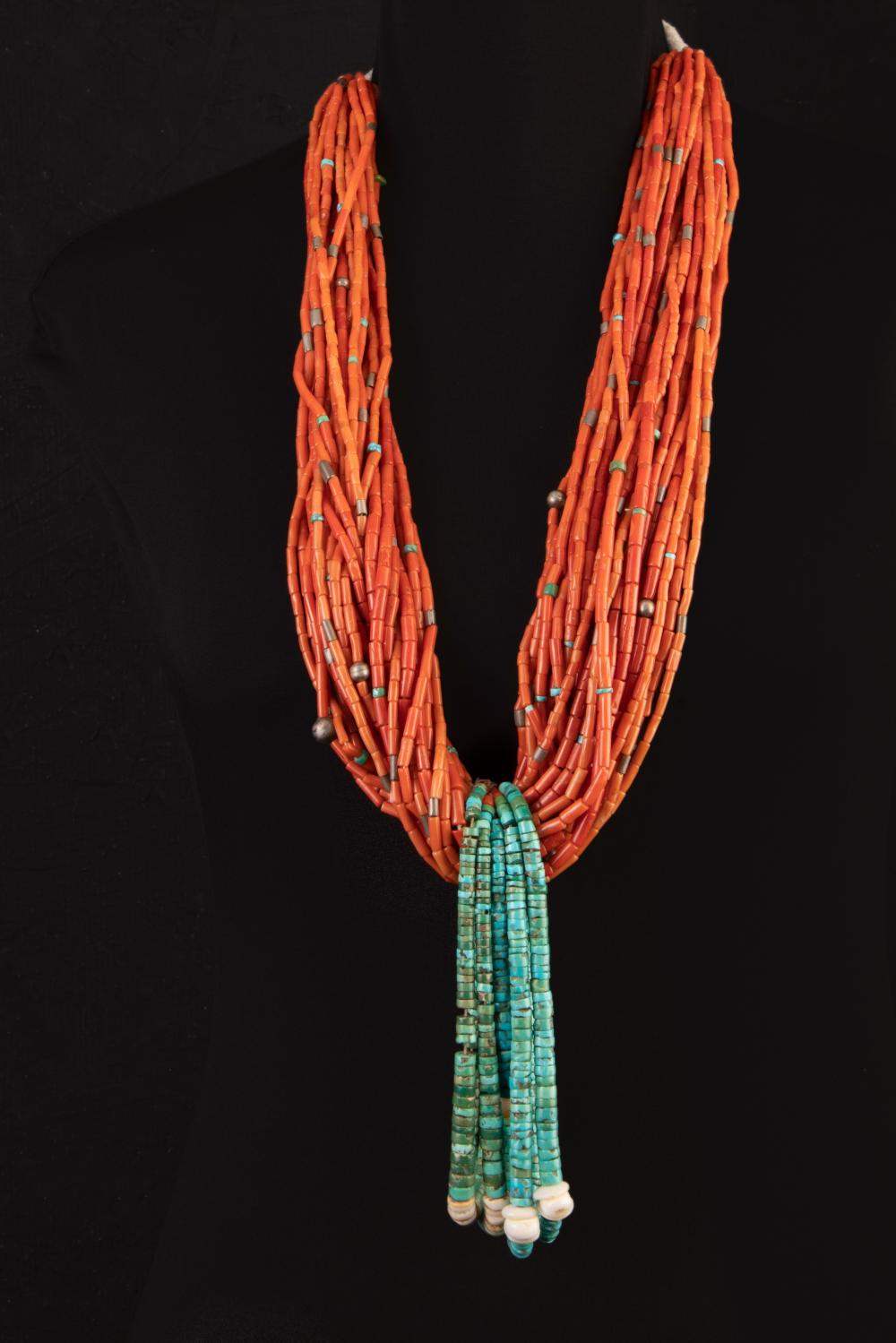 Appraisal: PUEBLO THIRTY STRAND CORAL NECKLACE WITH TURQUOISE JAKLASPueblo Thirty Strand