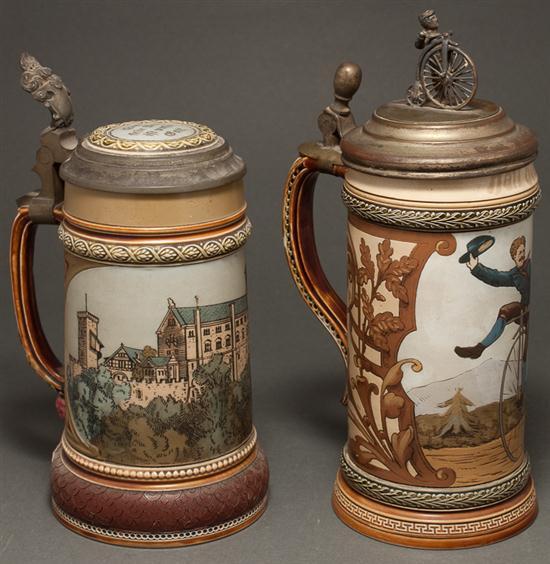 Appraisal: Two Villeroy Boch Mettlach pewter-mounted salt-glazed stoneware steins of half-liter