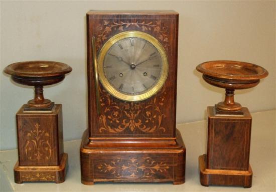 Appraisal: th century rosewood and parquetry inlaid clock garniture the clock