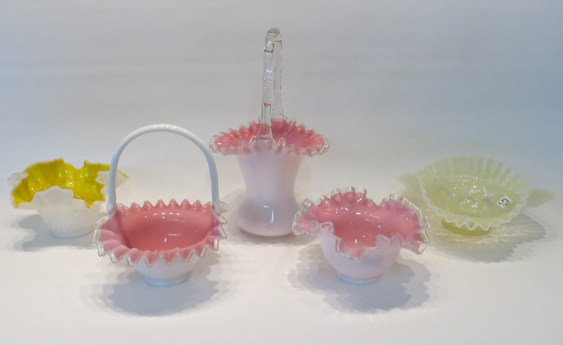 Appraisal: FIVE ART GLASS VESSELS including two pink and white cased