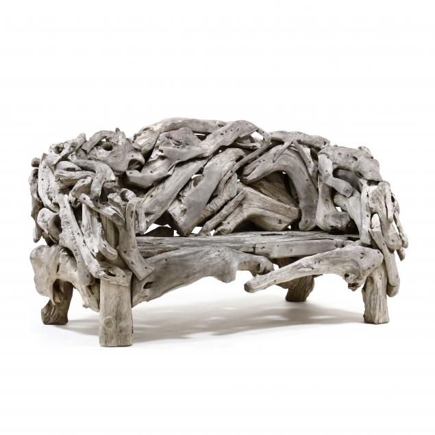 Appraisal: LARGE TEAK ROOTWOOD GARDEN BENCH th century constructed from natural