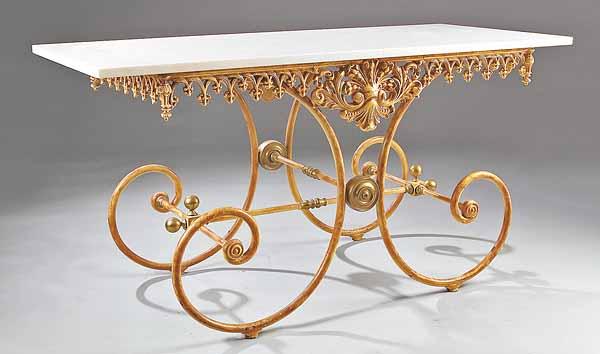 Appraisal: A French Paint-Decorated Cast Iron Baker s Table the marble