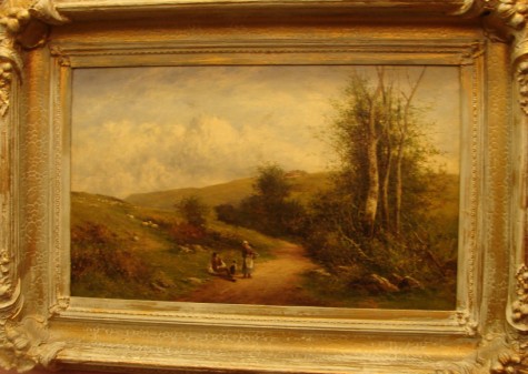 Appraisal: Pastoral landscape with two figures and dog oil on canvas