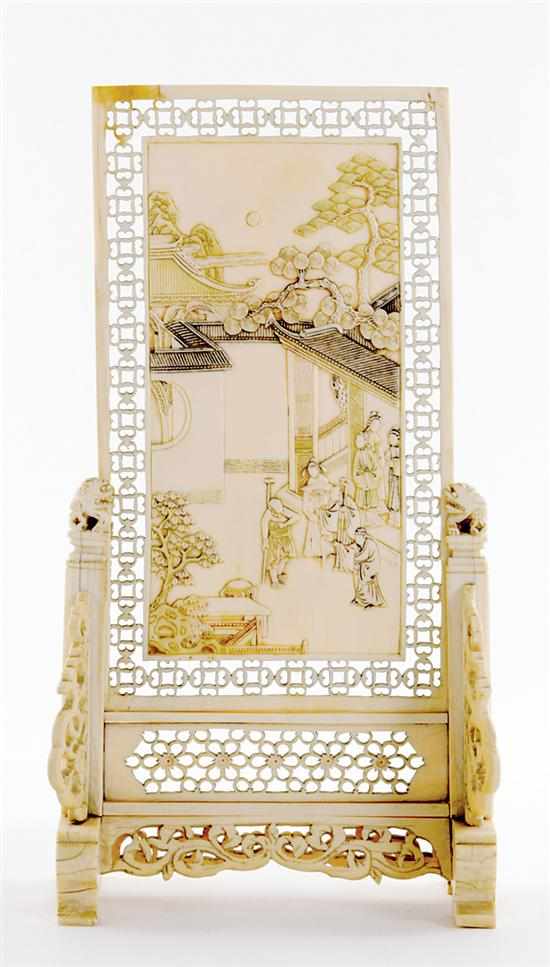 Appraisal: Chinese carved ivory table screen mid th century pierce-carved panel