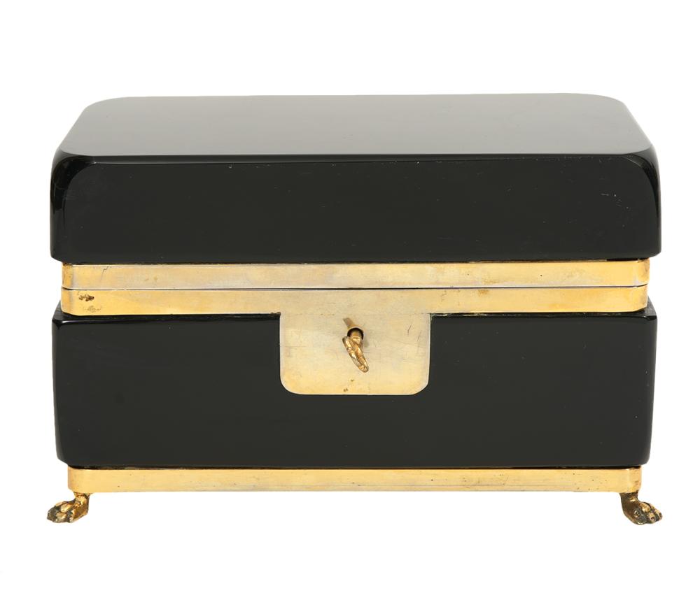 Appraisal: BLACK OPALINE GLASS CASKET BRONZE MOUNTEDBlack opaline glass casket with