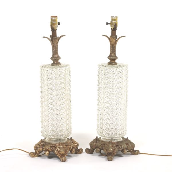 Appraisal: PAIR OF CRYSTAL PINEAPPLE STYLE LAMPS H Hobnail crystal lamps