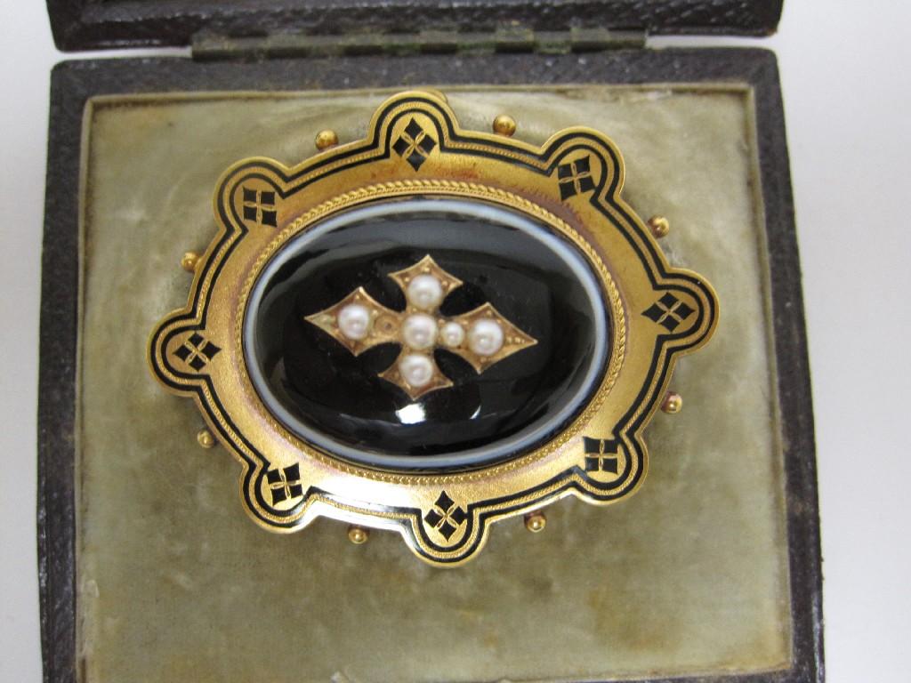 Appraisal: A Victorian large oval Mourning Brooch with tiger's eye agate