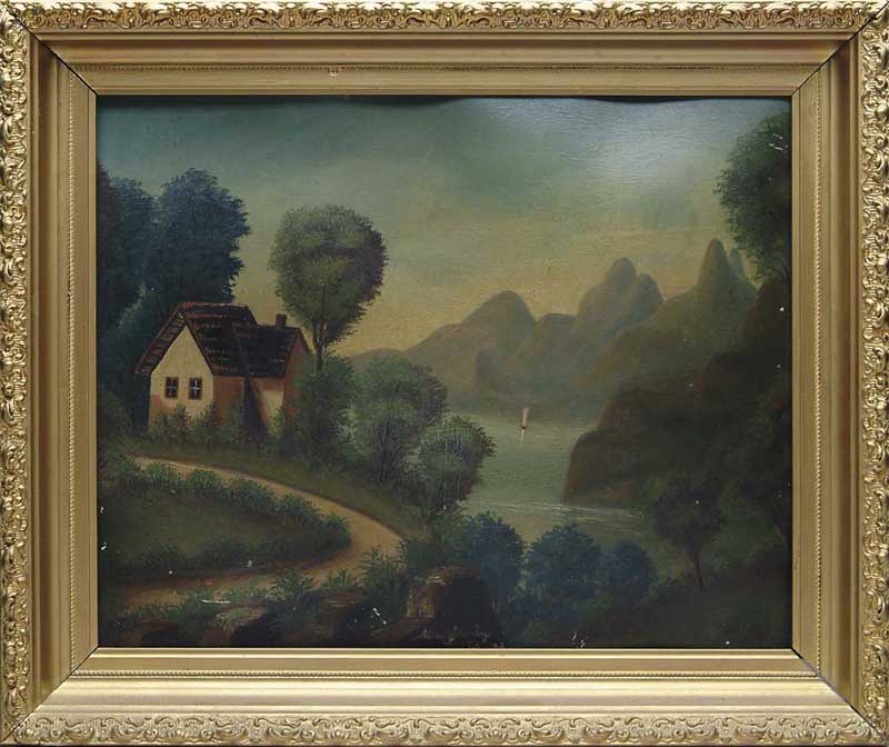 Appraisal: CHANSONETTA STANLEY EMMONS th Century LAKESIDE SCENE This folky oil