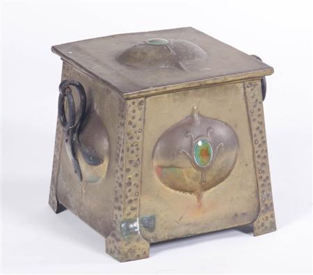 Appraisal: ARTS CRAFTS BRASS COAL BIN CIRCA with inset enamel panel