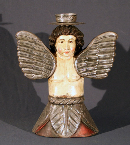 Appraisal: Spanish Colonial Silver Mounted Carved and Painted Wood Angel-Form Pricket