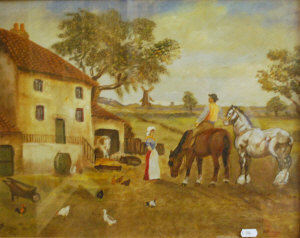 Appraisal: H Boshin - Settlers farmyard scene oil on canvas signed