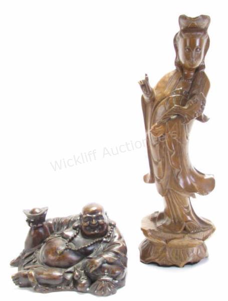 Appraisal: Qwan-Yin Wood Statue and Bronze Buddha hand carved wooden statue