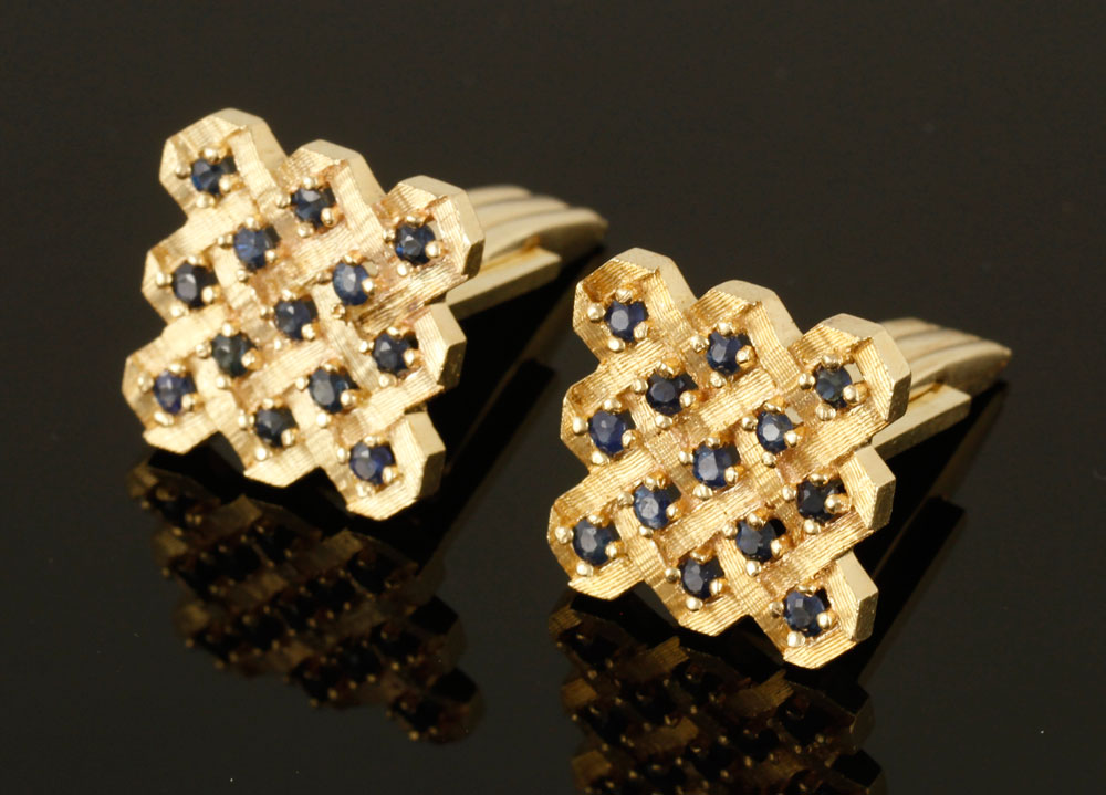 Appraisal: - Pr K Yellow Gold and Sapphire Cufflinks Pair of