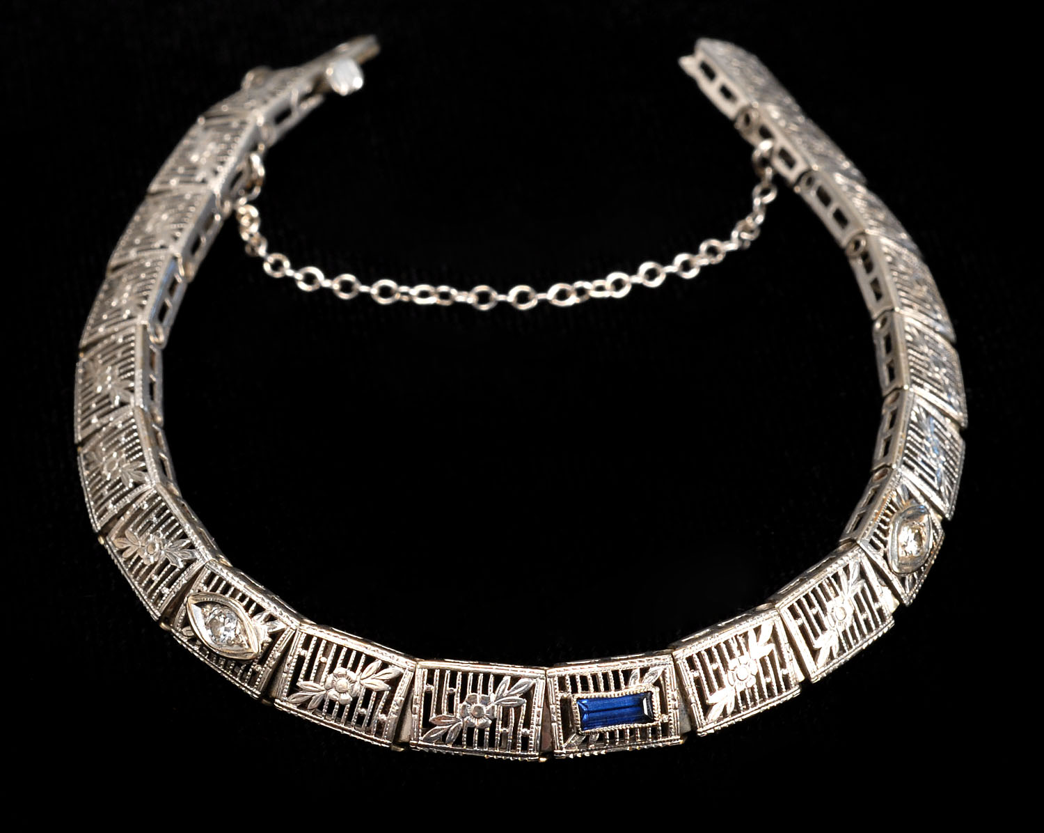 Appraisal: STERLING SILVER DIAMOND AND SAPPHIRE BRACELET Link bracelet mounted with