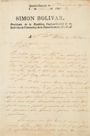 Appraisal: BOLIVAR SIMON Two letters to the Political Governor of Antioquia