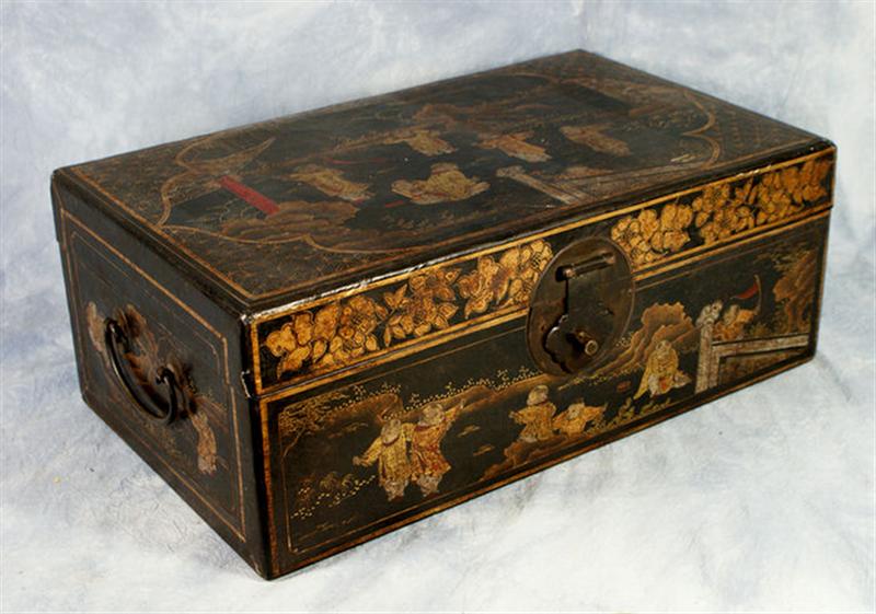 Appraisal: Lacquer decorated Chinese box with bail handles on ends w