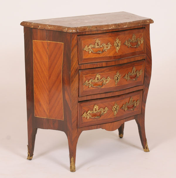 Appraisal: French inlaid chest with marble top three drawer bow front