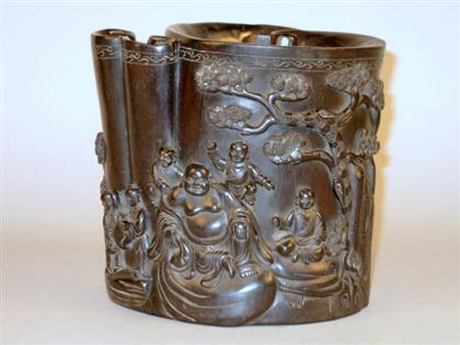 Appraisal: Fine Chinese hardwood 'lingzhi' form brushpot th century Of cylindrical