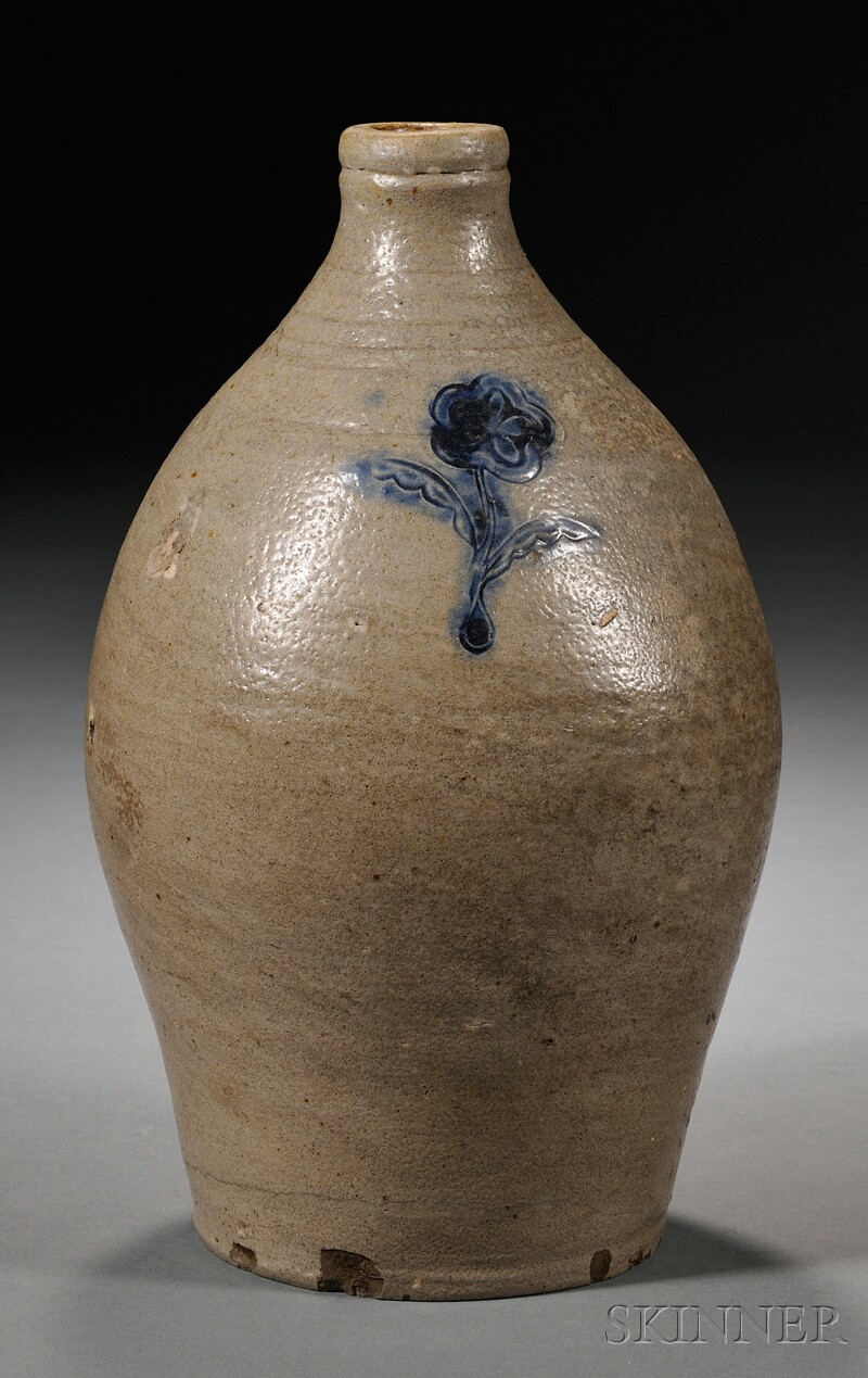 Appraisal: Stoneware Jug with Cobalt Rose Decoration attributed to Jonathan Fenton