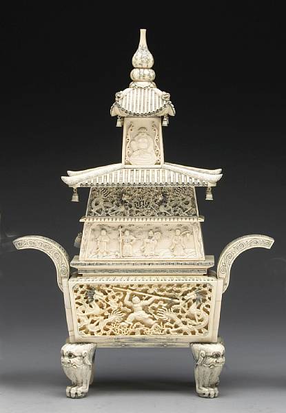 Appraisal: A pieced and tinted ivory censer with pagoda form cover